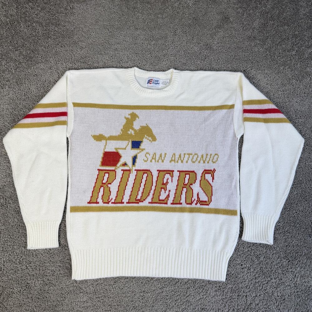 VTG San Antonio Riders Cliff Engle Sweater Mens L White WLAF Football USA RARE